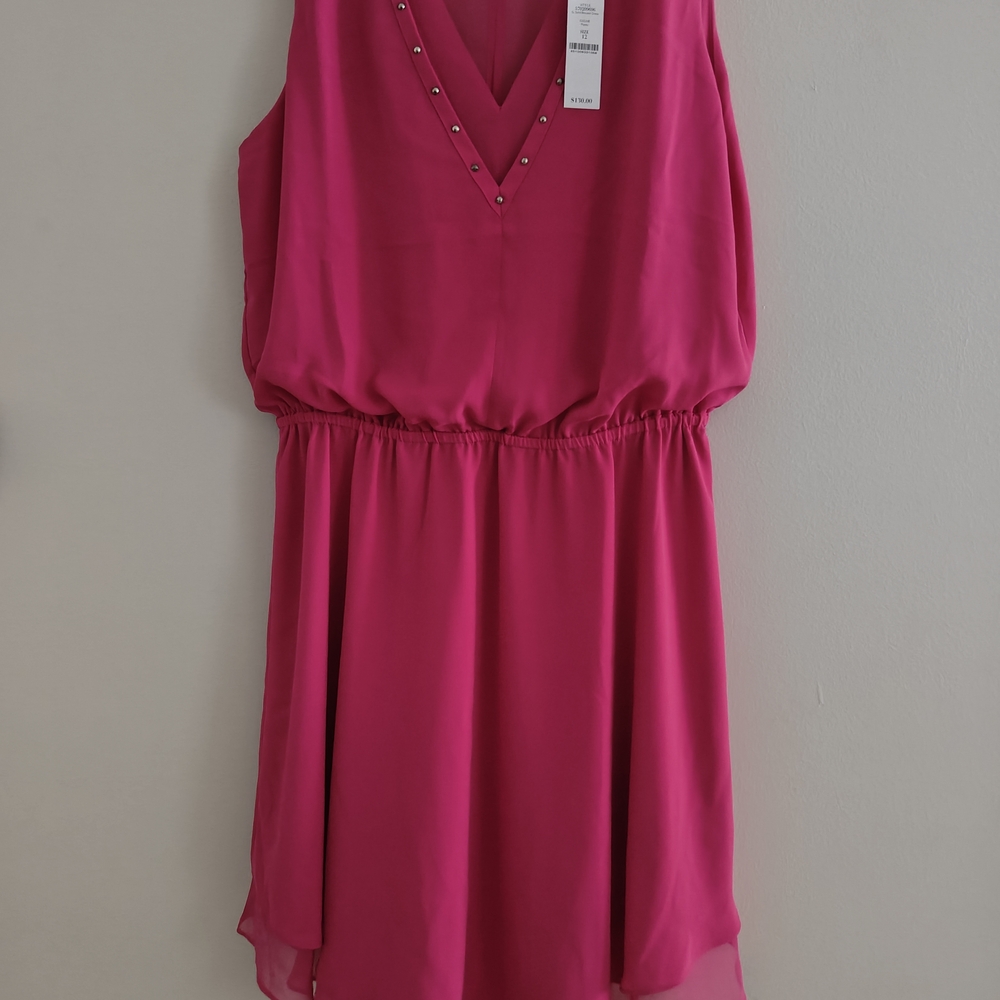 WHBM Hot Pink Sleeveless Dress with Studded V-Neck